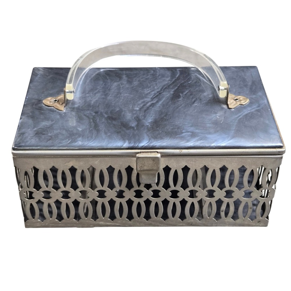 Pamart Vintage Lucite Filigree Box Purse Women Small Black Gray Marbled Tested